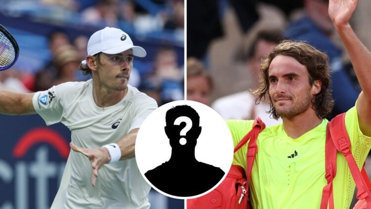 Alex De Minaur (left) hits a forehand, Mystery player (middle) in a circle overlay, Stefanos Tsitsipas (right) waves)