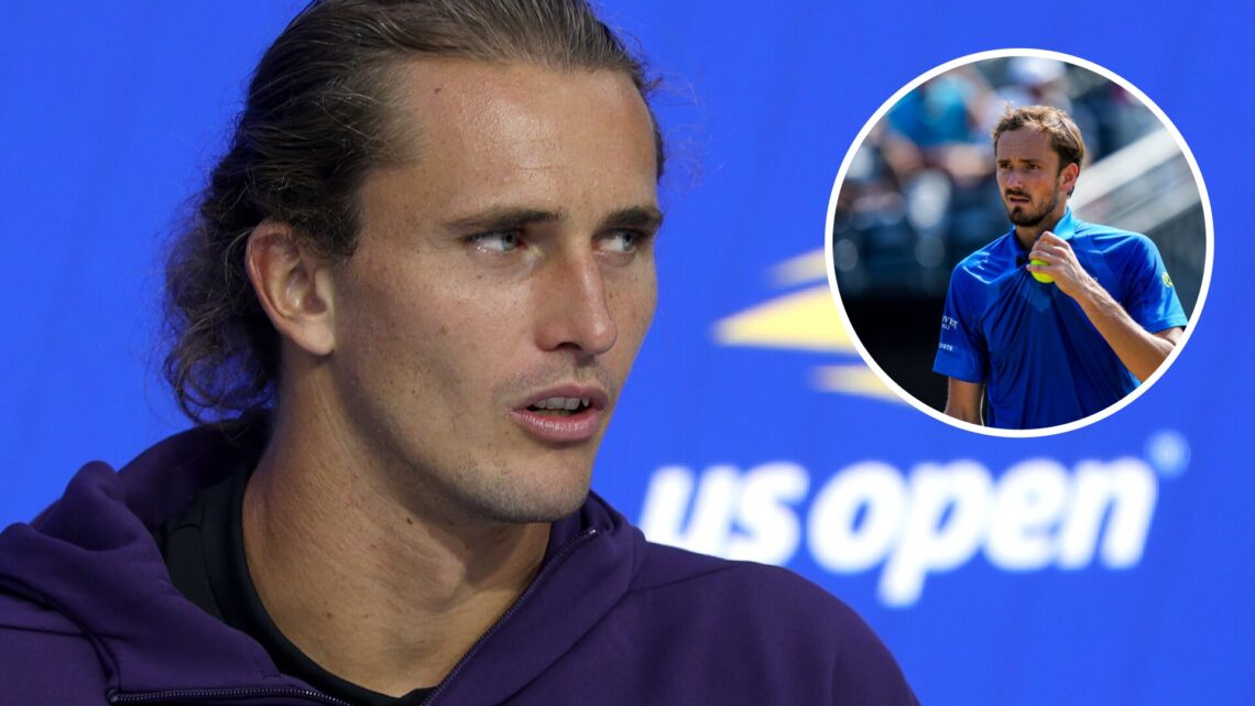 Image of Alexander Zverev speaking to the media ahead of the 2025 US Open, inset of Daniil Medvedev looking on at the 2025 Libema Open.
