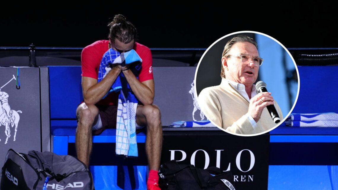 Alexander Zverev reacts after losing the 2025 Australian Open final, inset Jimmy Connors speaks at One 805 Kick Ash Bash in 2018