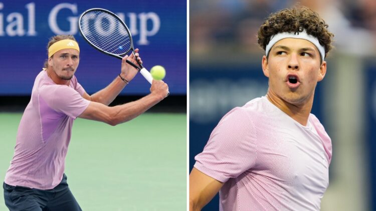 Left image: Alexander Zverev in action at the Cincinnati Open. Right image: Ben Shelton celebrates at the Canadian Open
