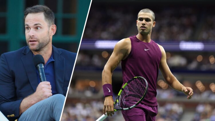 Split image of Andy Roddick speaking at the International Tennis Hall of Fame in 2025 and Carlos Alcaraz reacting at the 2025 US Open