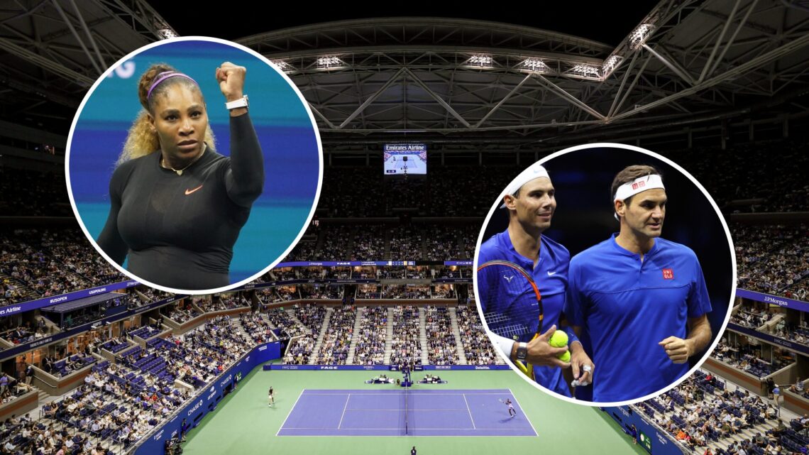 Arthur Ashe Stadium at the 2024 US Open, insets Serena Williams celebrates at the 2019 US Open and Rafael Nadal and Roger Federer look on at the 20...