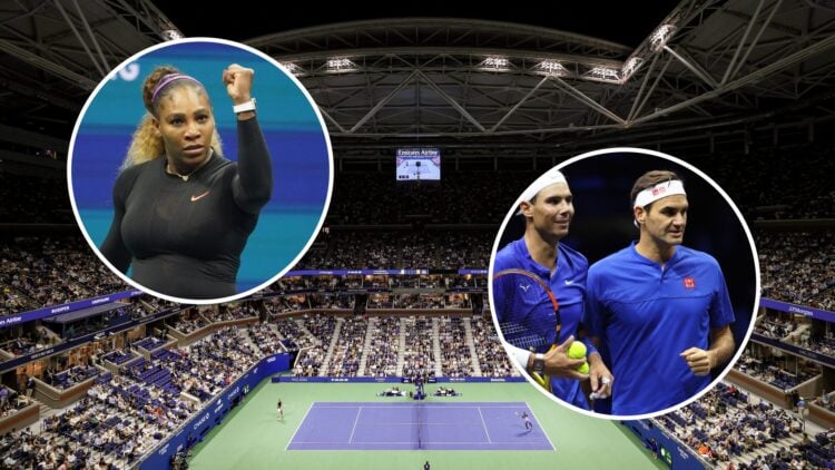Arthur Ashe Stadium at the 2024 US Open, insets Serena Williams celebrates at the 2019 US Open and Rafael Nadal and Roger Federer look on at the 20...