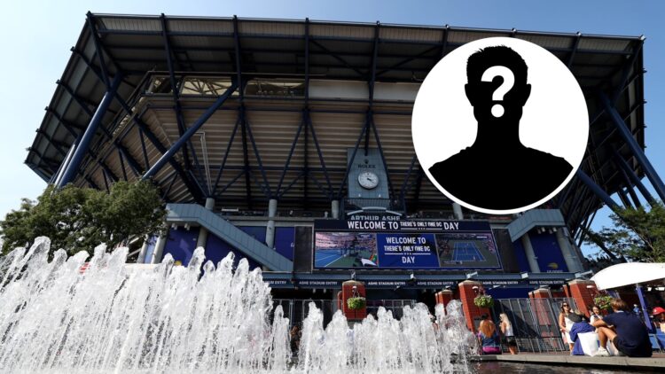 A view of Arthur Ashe Stadium from outside, with a mystery inset.