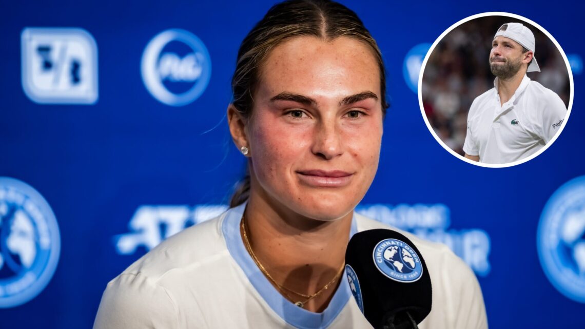 Aryna Sabalenka talks to the media after defeating Emma Raducanu of Great Britain in the third round on Day 5 of the Cincinnati Open at Lindner Fam...