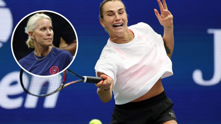 Main: Aryna Sabalenka hits a forehand during practice at the 2025 US Open. Inset: Rennae Stubbs reacts at the 2022 US Open