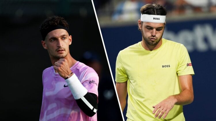 Split image of Terence Atmane of France celebrates a point against Arthur Fery of Great Britain during the Men's Singles Fourth Round match on day ...
