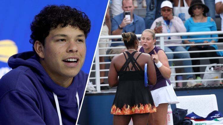 Split image of Ben Shelton talking to the media before the 2025 US Open and Jelena Ostapenko and Taylor Townsend arguing on court at the 2025 US Open