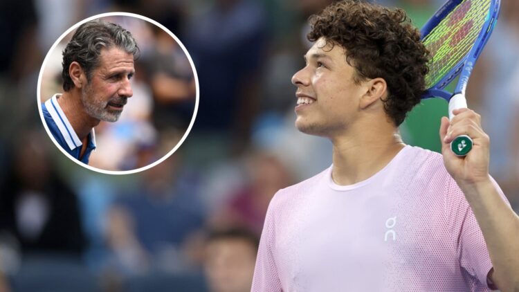 Image of Ben Shelton celebrating his win over Camilo Ugo Carabelli at the 2025 Cincinnati Open, inset of Patrick Mouratoglou watching on during the...