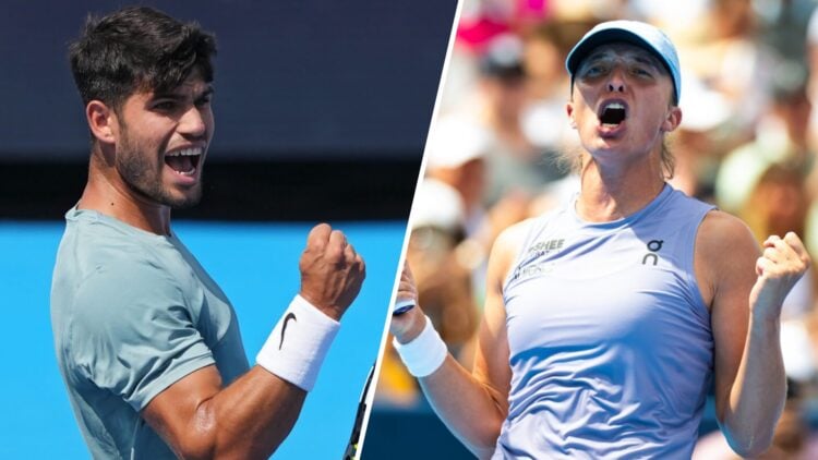Carlos Alcaraz and Iga Swiatek playing tennis.