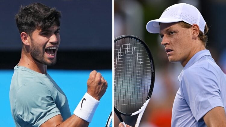 Carlos Alcaraz & Jannik Sinner playing tennis.