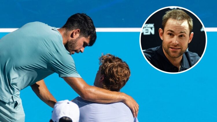 Image of Carlos Alcaraz comforting Jannik Sinner after the 2025 Cincinnati Open final, inset of Andy Roddick attending a press conference ahead of ...