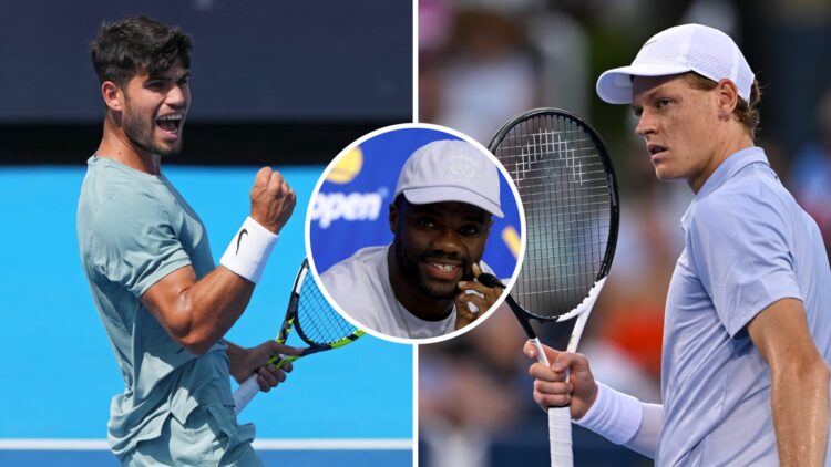 Split image of Carlos Alcaraz celebrating during the 2025 Cincinnati Open, inset of Jannik Sinner reacting during the 2025 Cincinnati Open, inset o...