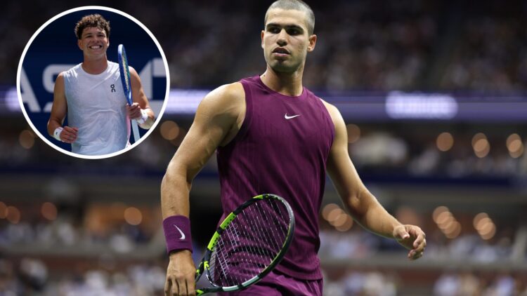 Carlos Alcaraz of Spain reacts against Reilly Opelka of the United States during their Men's Singles First Round match on Day Two of the 2025 US Op...