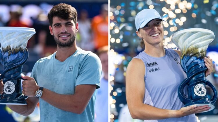 Split image of Carlos Alcaraz of Spain poses with the trophy after the Men's Singles Final match against Jannik Sinner of Italy on day twelve of th...