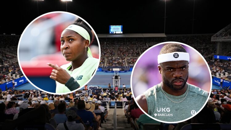 A general view of the Cincinnati Open at night, with an inset of Coco Gauff looking on at the Canadian Open, and an inset of Frances Tiafoe reactin...