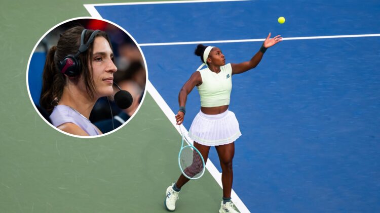 Coco Gauff serves at the 2025 Canadian Open, inset Andrea Petkovic commentates at the 2025 United Cup