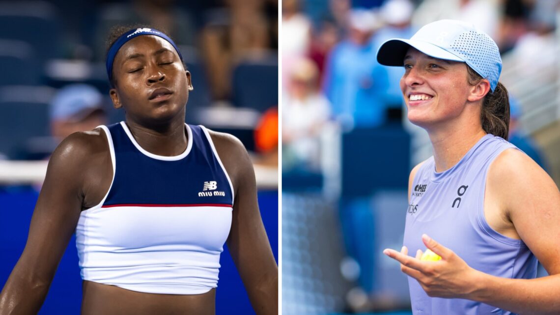 Split image of Coco Gauff reacting during her quarterfinal defeat at the 2025 Cincinnati Open, image of Iga Swiatek celebrating after winning her f...