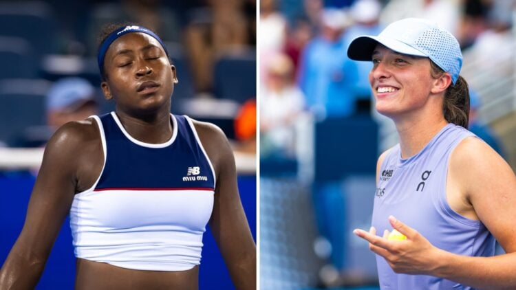 Split image of Coco Gauff reacting during her quarterfinal defeat at the 2025 Cincinnati Open, image of Iga Swiatek celebrating after winning her f...
