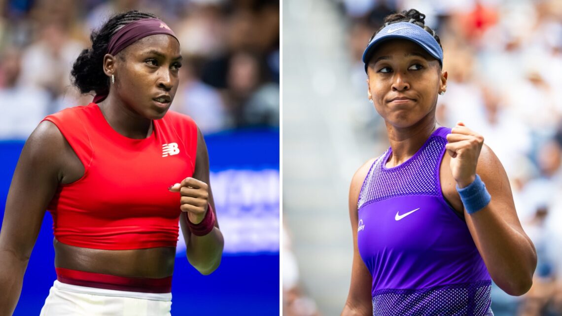 Split image of Coco Gauff (L) and Naomi Osaka (R) celebrating at the 2025 US Open