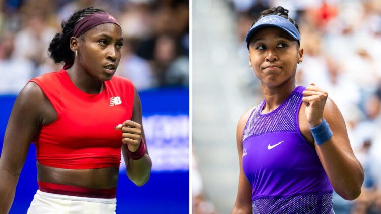 Split image of Coco Gauff (L) and Naomi Osaka (R) celebrating at the 2025 US Open