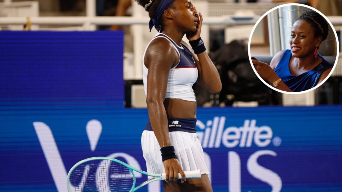 Coco Gauff of the United States reacts during the quarterfinal round of the Cincinnati Open at the Lindner Family Tennis Center, with an inset of C...