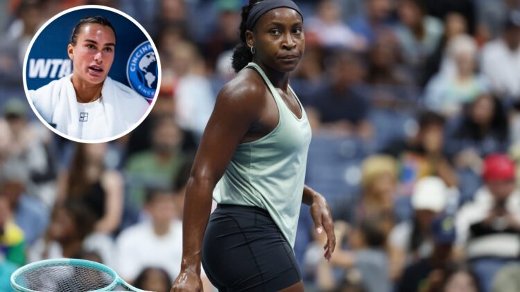 Coco Gauff looks on during a practice session prior to the start of the US Open at USTA Billie Jean King National Tennis Center, with an inset of A...