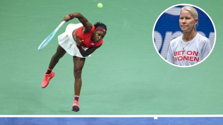 Coco Gauff serves the ball to Australia's Ajla Tomljanovic during their women's singles first round tennis match on day three of the US Open tennis...