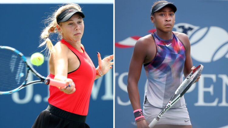 Amanda Anisimova hits a forehand at the 2017 US Open girls final against Coco Gauff who is in action at the 2017 US Open junior girls final