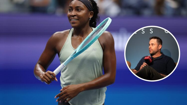 Main: Coco Gauff hits a forehand while training for the US Open. Inset: Andy Roddick speaks at The Sportico House at SXSW held at Wanderlust Wine Co.