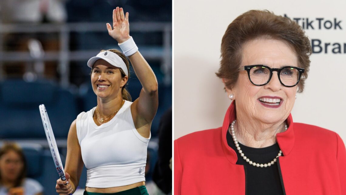 Split image of Danielle Collins waving at the 2024 Miami Open and Billie Jean King attending the launch celebration for QVC's Q50 Age Of Possibilit...