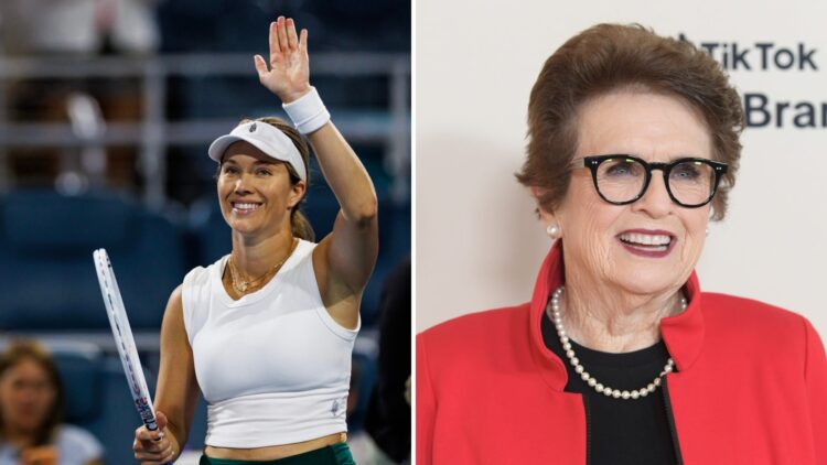 Split image of Danielle Collins waving at the 2024 Miami Open and Billie Jean King attending the launch celebration for QVC's Q50 Age Of Possibilit...