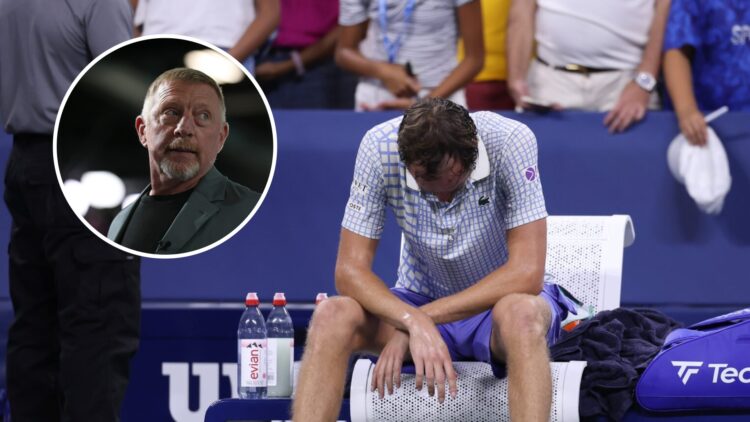 Daniil Medvedev reacts after losing his first round match at the 2025 US Open, inset Boris Becker looks on during the Paris 2024 Olympic Games Hand...