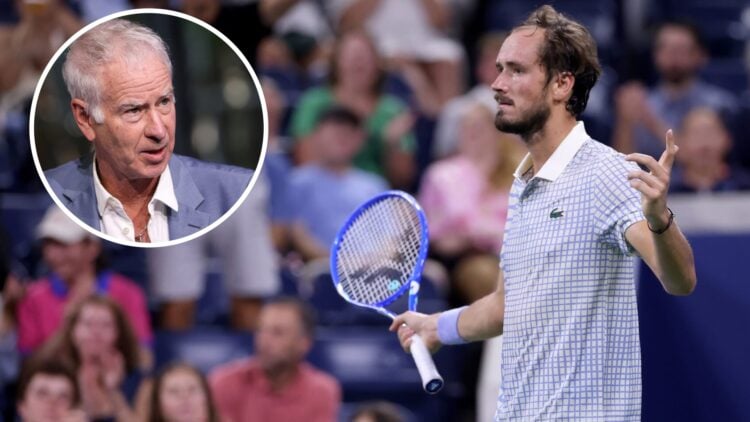 Daniil Medvedev reacts against Benjamin Bonzi of France during their Men's Singles First Round match on Day One of the 2025 US Open at USTA Billie ...