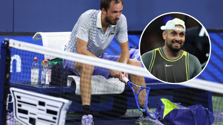 Daniil Medvedev holds his broken racket after his 2025 US Open exit, inset Nick Kyrgios reacts at the 2025 Australian Open