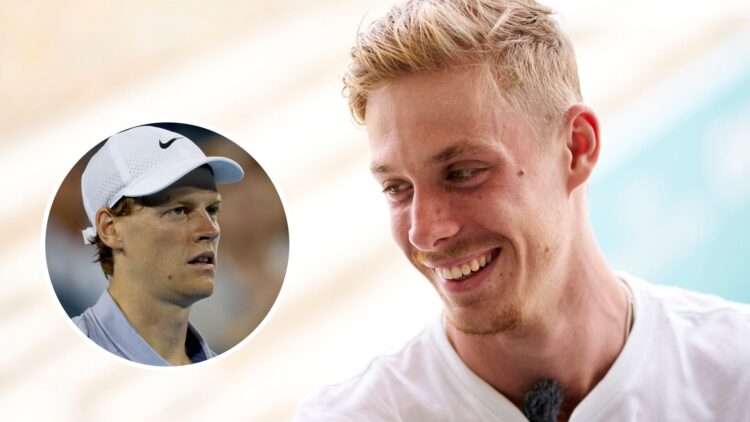 Image of Denis Shapovalov speaking to the media during day four of the 2022 Mallorca Championships, inset of Jannik Sinner looking on during his wi...