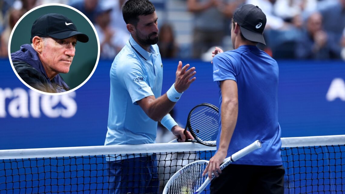 Novak Djokovic of Serbia shakes hands after defeating Zachary Svajda of the United States during their Men's Singles Second Round match on Day Four...