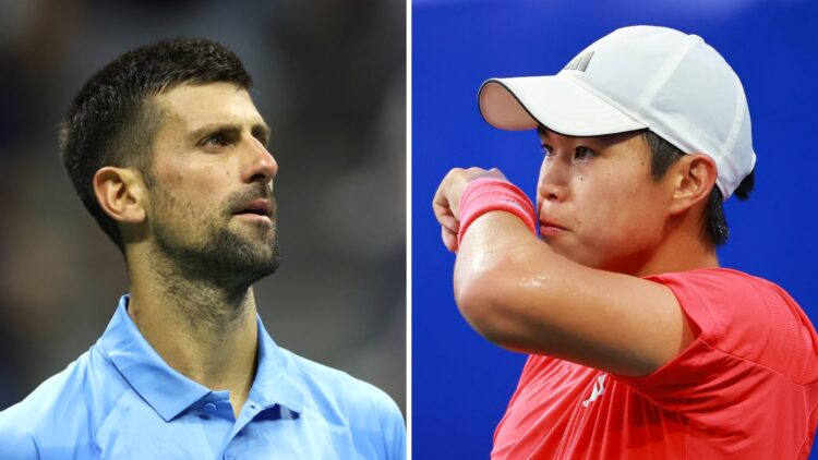 Novak Djokovic (L) looks on at the 2024 US Open, Learner Tien (R) in action at the Mexian Open.