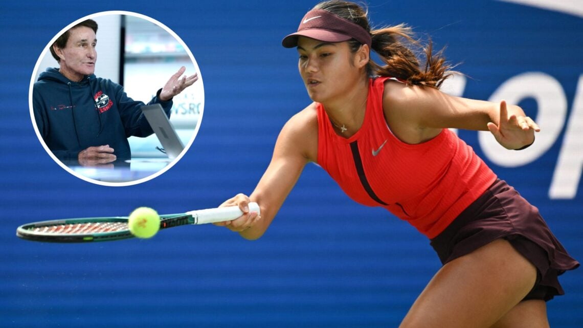 Emma Raducanu reaches to play a return to Kazakhstan's Elena Rybakina during their women's singles third round tennis match on day six of the US Op...
