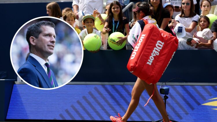 Image of Emma Raducanu walking off court at the 2025 US Open, inset of Tim Henman looking on during Andy Murray's farewell ceremony at Wimbledon in...