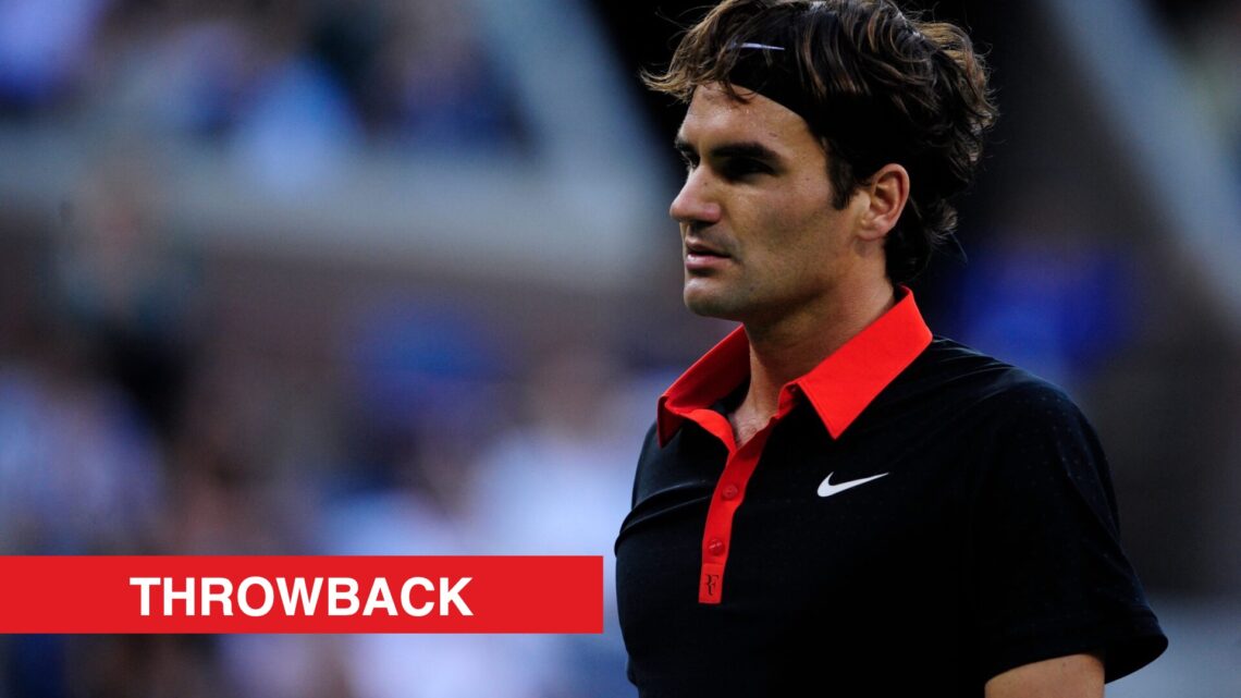Roger Federer looking on during the 2009 US Open final, with a throwback label.