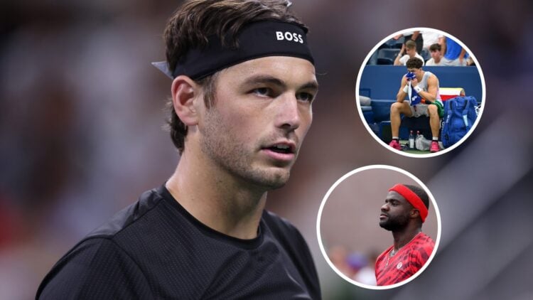 Taylor Fritz in action at the US Open, with insets of Ben Shelton and Frances Tiafoe at the US Open.