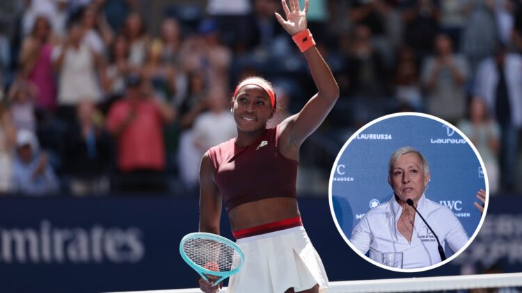 Coco Gauff celebrating at the US Open, with an inset of Martina Navratilova at the Laureus Awards