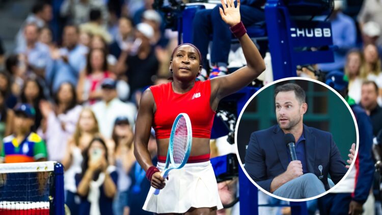 Coco Gauff celebrates at the US Open, with an inset of Andy Roddick speaking during the International Tennis Hall of Fame induction ceremony for th...
