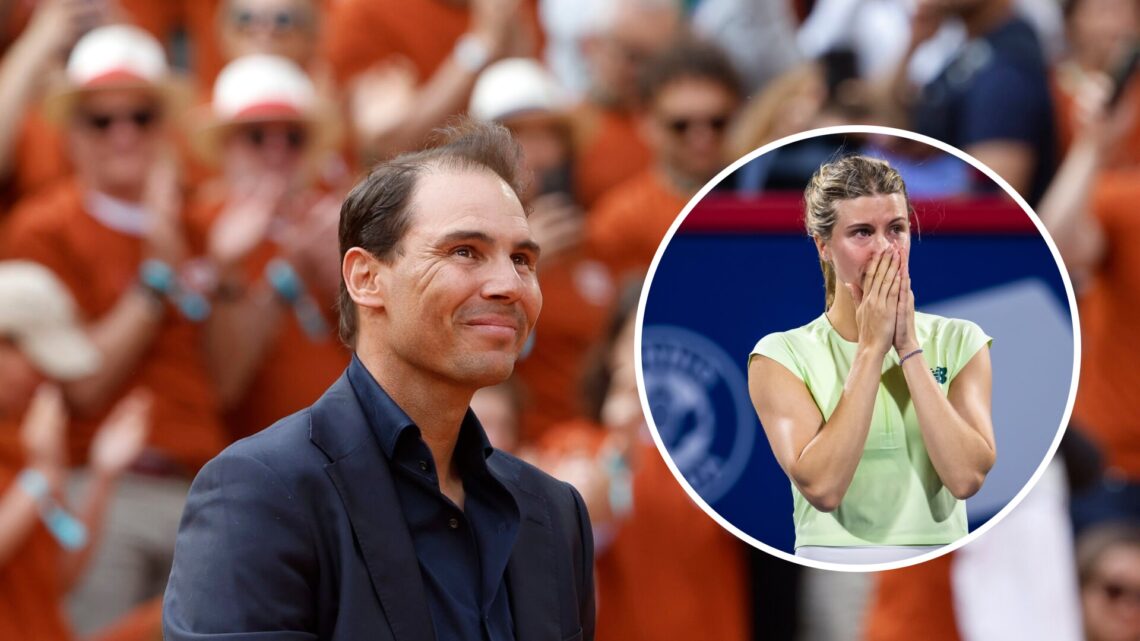 Rafael Nadal looking on during a ceremony at the 2025 French Open honoring his career, with an inset of Eugenie Bouchard at the Canadian Open.