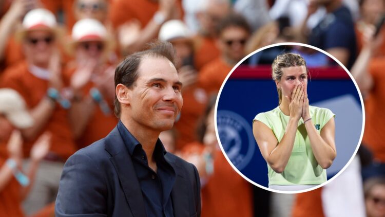 Rafael Nadal looking on during a ceremony at the 2025 French Open honoring his career, with an inset of Eugenie Bouchard at the Canadian Open.