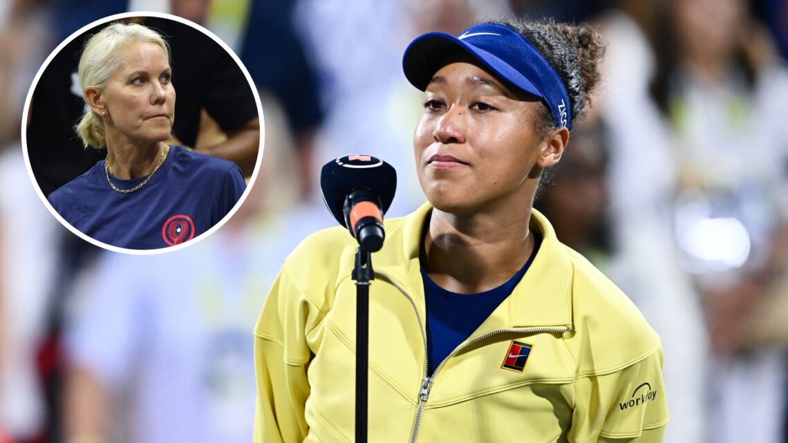 Naomi Osaka of Japan becomes emotional as she addresses the spectators following her loss against Victoria Mboko of Canada during the Women's Singl...