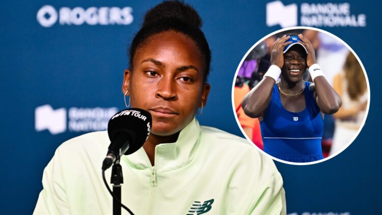 Coco Gauff facing the media after her loss in the fourth round in Montreal, withn an inset of Victoria Mboko celebrating after her win at the Canad...