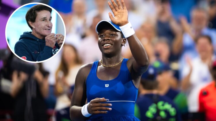 Victoria Mboko of Canada reacts to defeating Coco Gauff of the United States in the fourth round of the National Bank Open at Stade IGA, with an in...