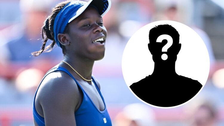 Victoria Mboko reacts during her first-round match at the 2025 Canadian Open with a mystery inset.
